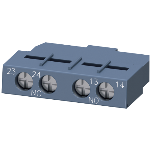 SIRIUS auxiliary switch, 2 NO, front / transverse mounting, screw terminals. For 3RV2 sizes S00–S3.