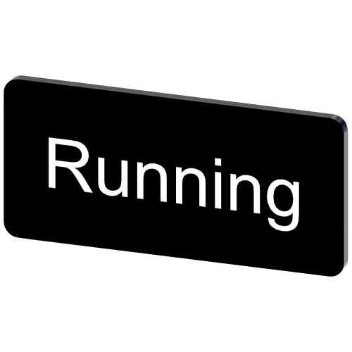 Labeling plate for snapping on or gluing to label holder, label size 12.5x27mm, black label, white font, with inscription: Running