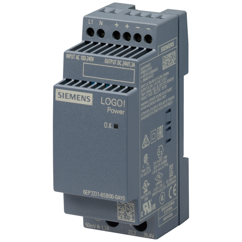 LOGO!Power stabilised power supply, 100–240 V AC input, 24 V DC output at 1.3 A.