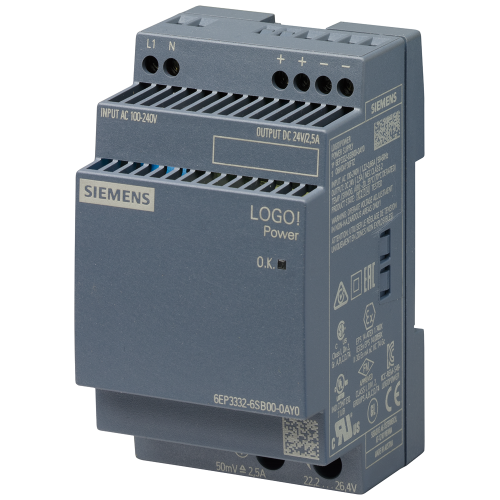 LOGO!Power stabilised power supply, 100–240 V AC input, 24 V DC output at 2.5 A.