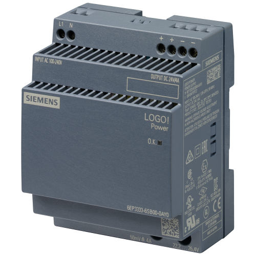 LOGO!Power stabilised power supply, 100–240 V AC input, 24 V DC output at 4 A.