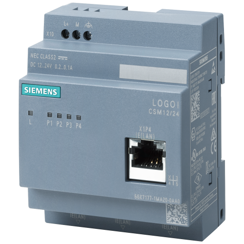 LOGO! CSM 12/24 compact Ethernet switch, 4 RJ45 ports, 10/100 Mbit/s, 12/24 V DC supply.