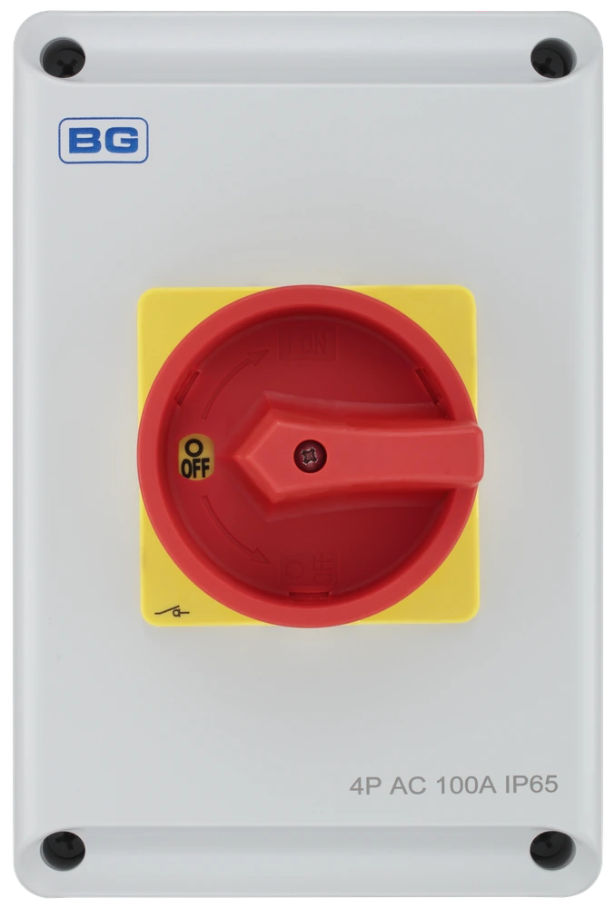 BG CPRSD enclosed rotary isolator, 100 A, 4 pole, IP65, red/yellow padlockable handle.