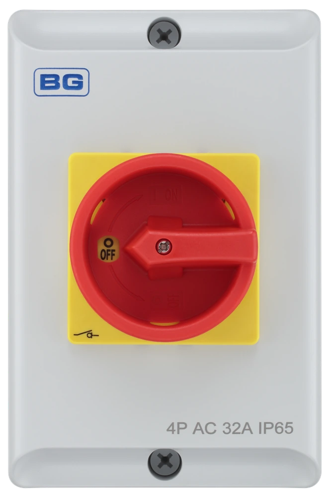 BG CPRSD enclosed rotary isolator, 63 A, 4 pole, IP65, red/yellow padlockable handle.