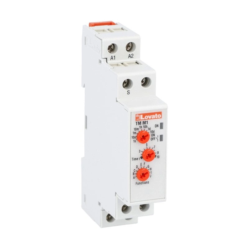 Lovato TMM1 multifunction time relay, 12–240 V AC/DC, 0.1 seconds–10 days, 1 changeover output.