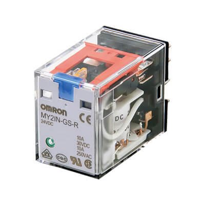 Omron MY4IN-GS-R, 4 changeover (4PDT), 220–240 V AC coil, with LED.