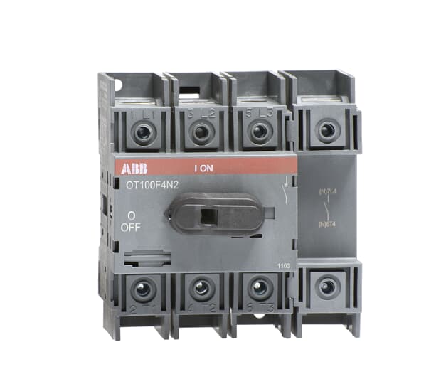 ABB OT100F4N2 4-pole switch disconnector, 100 A AC-21A, base / DIN rail mounting.