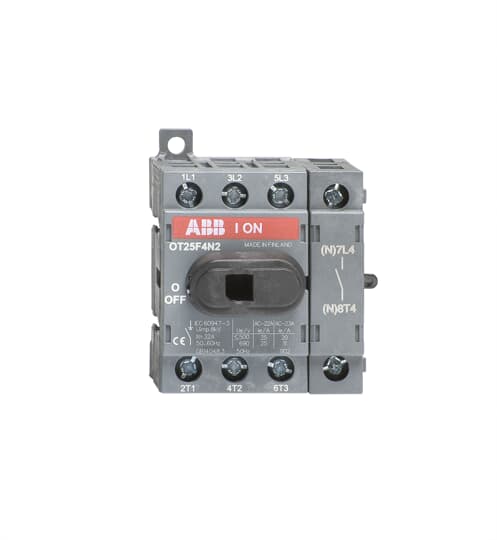 ABB OT25F4N2 4-pole switch disconnector, 25 A AC-21A, base / DIN rail mounting.