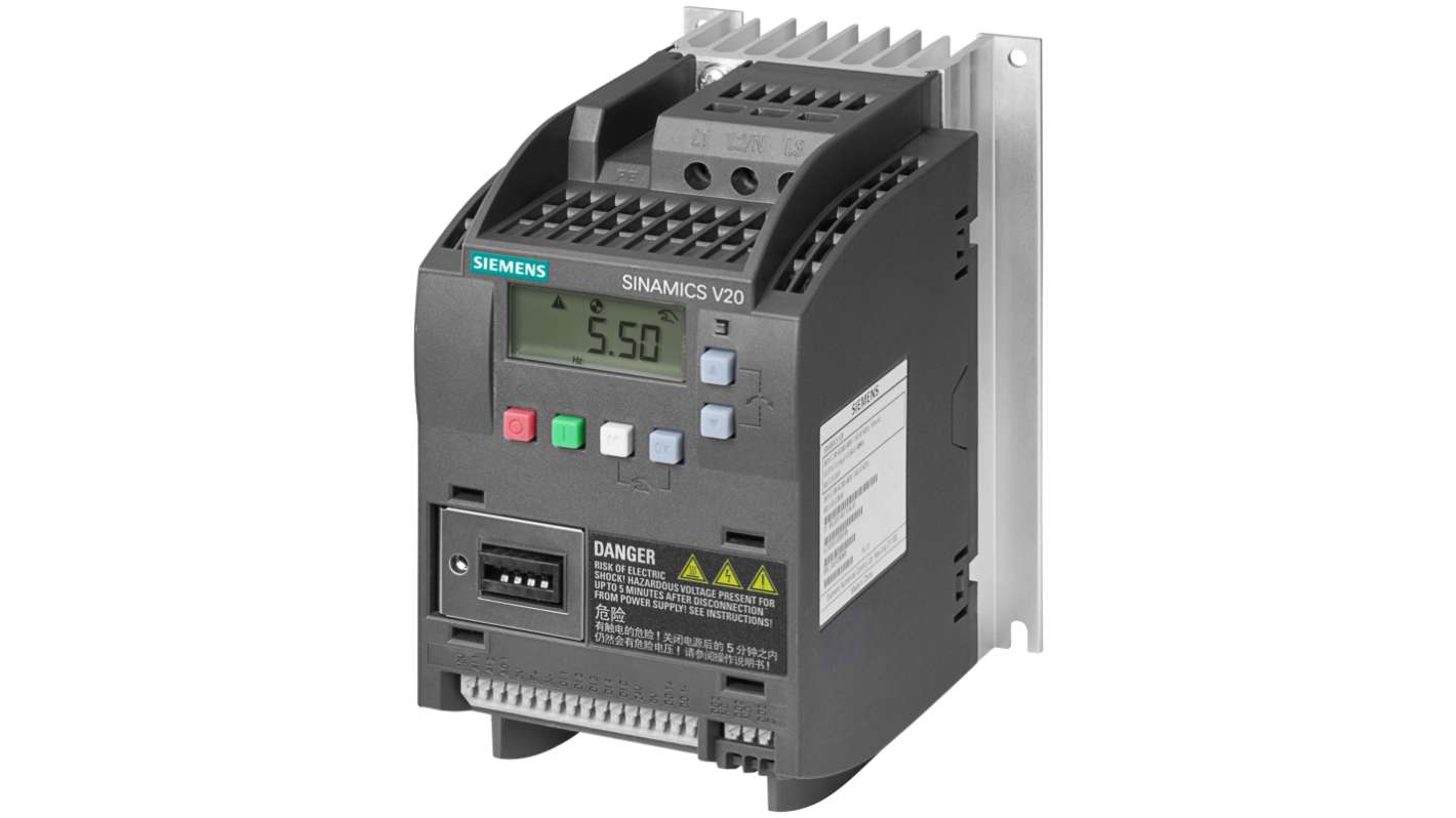 SINAMICS V20 drive, 0.37 kW, 400 V three phase, FSA, integrated C3 EMC filter.