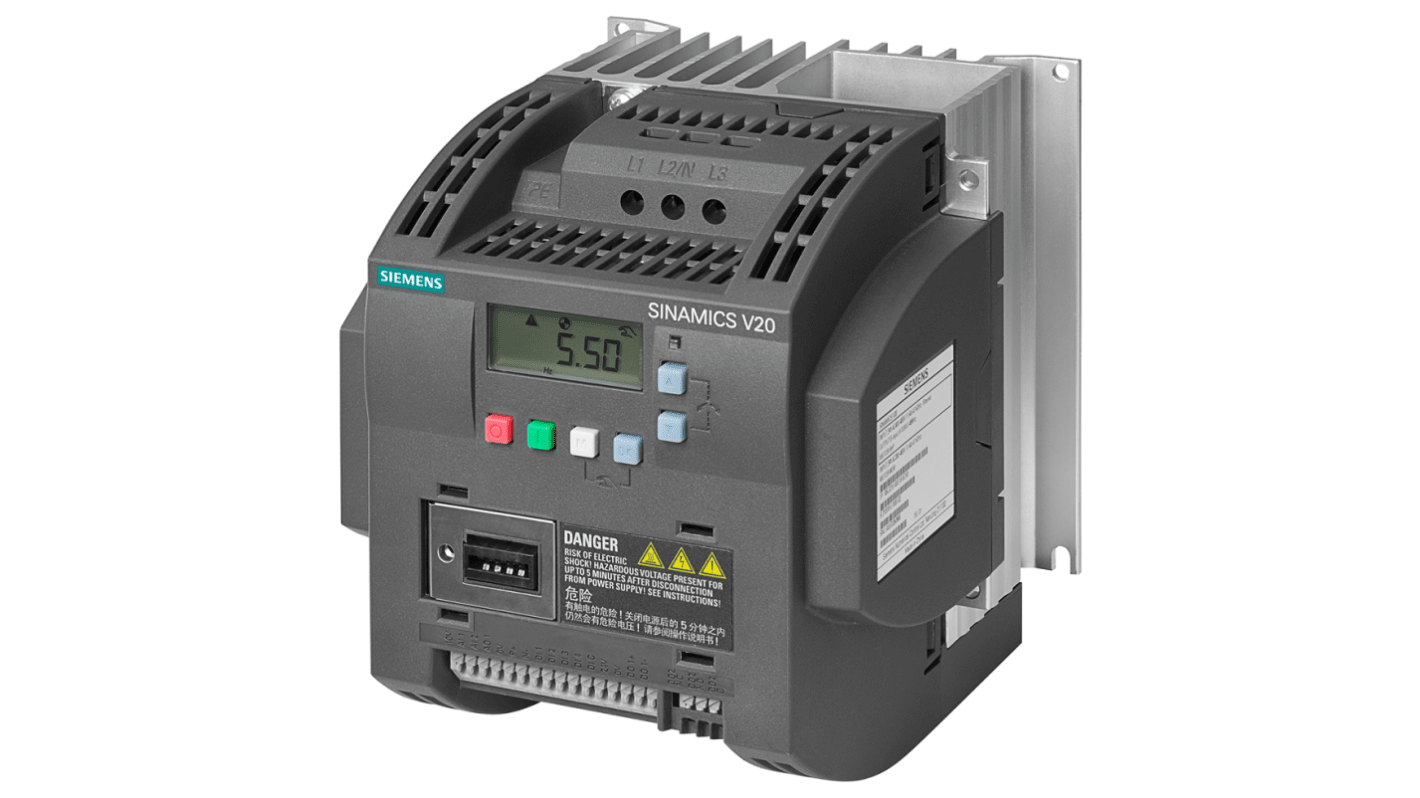 SINAMICS V20 drive, 3 kW, 400 V three phase, FSB, integrated C3 EMC filter.