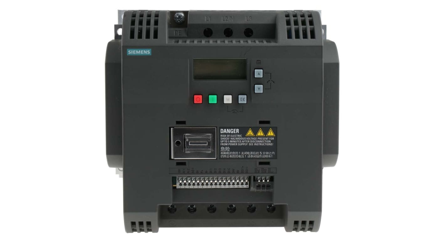 SINAMICS V20 drive, 7.5 kW, 400 V three phase, FSC, integrated C3 EMC filter.