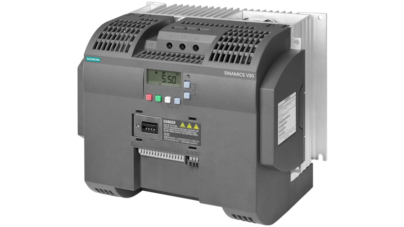 SINAMICS V20 drive, 11 kW, 400 V three phase, FSD, integrated C3 EMC filter.