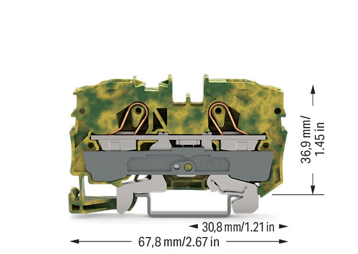 TOPJOB S 2010, 10 mm², two-conductor PE terminal, green/yellow. Push-in CAGE CLAMP, 10 mm wide.