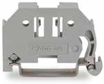 Screwless DIN-35 end stop, grey, 6 mm wide. Secures the terminal strip on 35 × 7.5 or 35 × 15 mm rail.